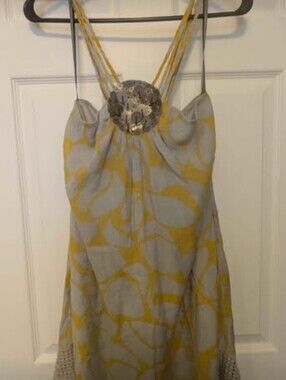 Y2K Mustard Yellow & Grey Abstract Halter Tunic Blouse with Sequin Medallion Det